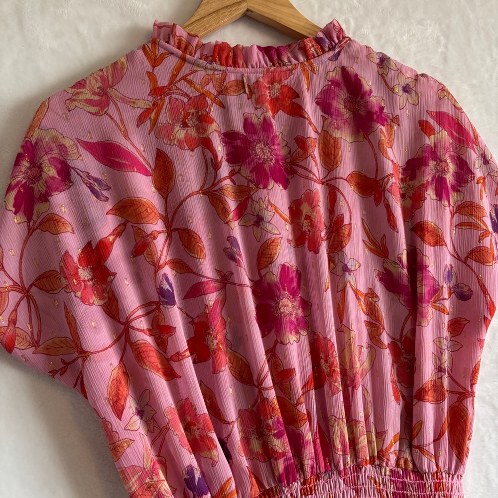 MISA Los Angeles Dominique pink Floral Chiffon Split-Neck Mini Dress size Medium - Picture 11 of 12